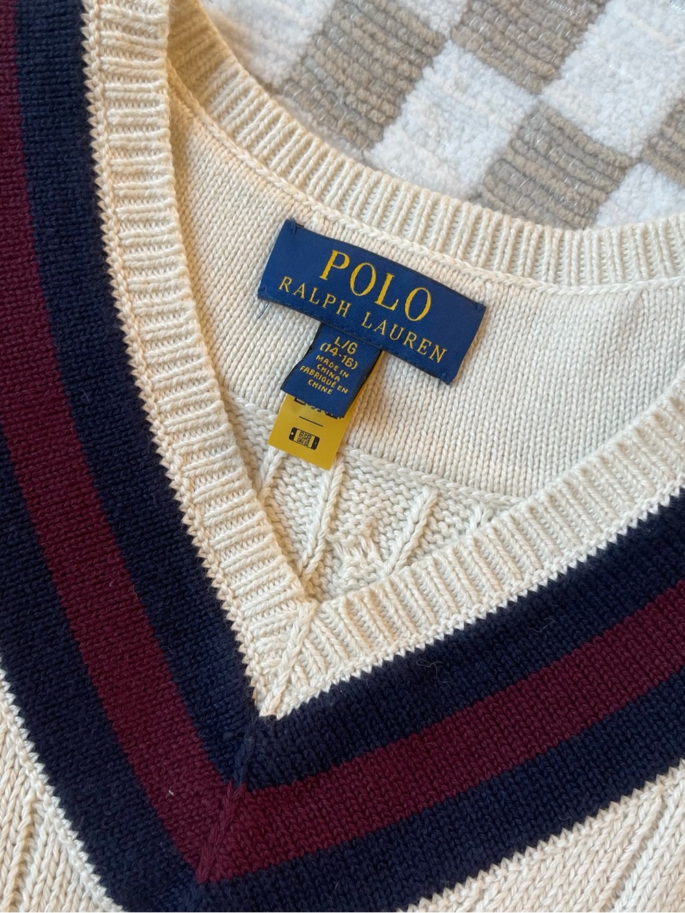 Ralph Lauren Polo Iconic Cricket Boys Cream Cable-Knit V-Neck Sweater - Picture 2 of 5